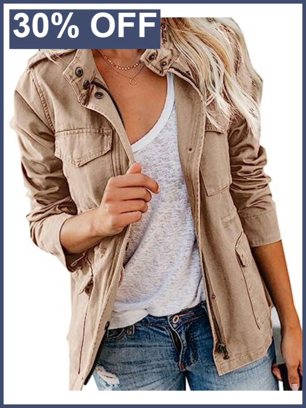 Women Military Anorak Jacket Zip Snap Utility Parka Cotton Lightweight